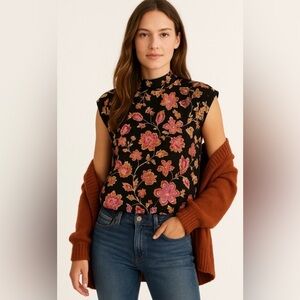 Free People Black and Pink Floral Blouse with cut out back size S